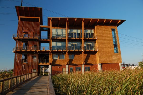A view of the DuPont Environmental Education Center from its pond loop boardwalk.